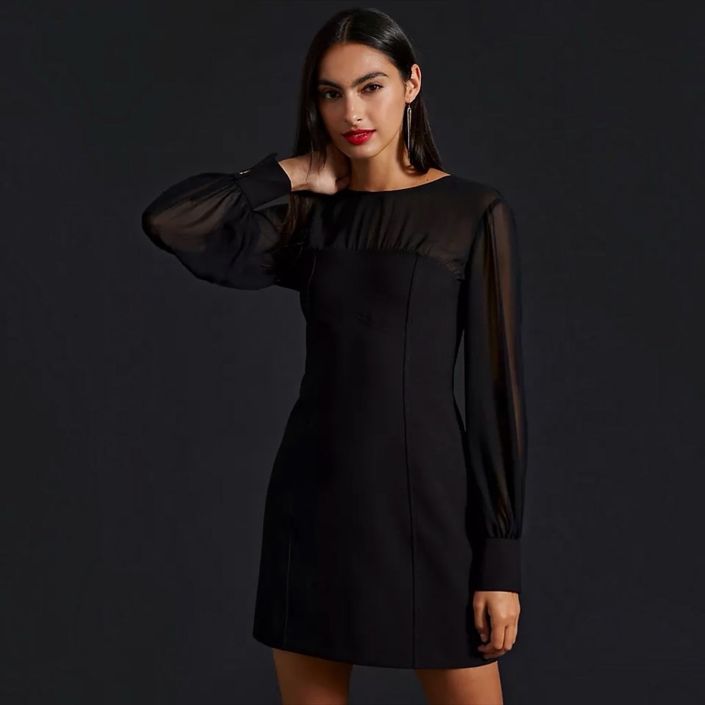 Anthropologie Maeve Black Sheer Long Sleeve Mini Dress in Black Sz 8
